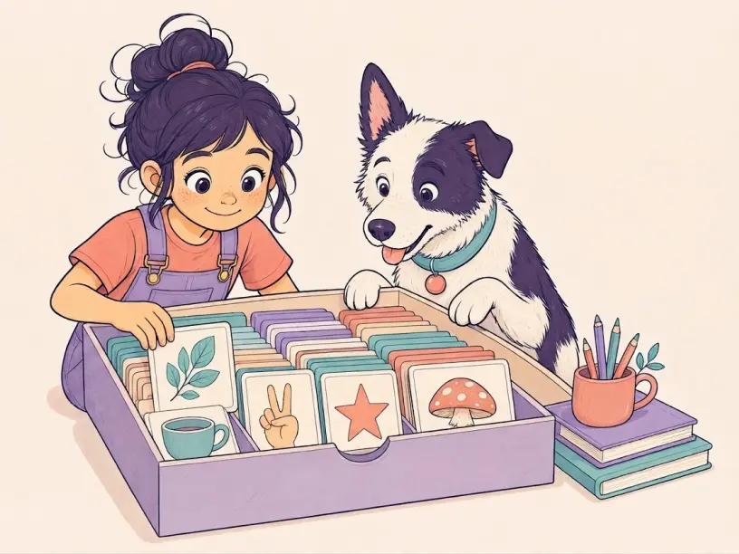 Ada and Fig browsing a tray of illustration cards
