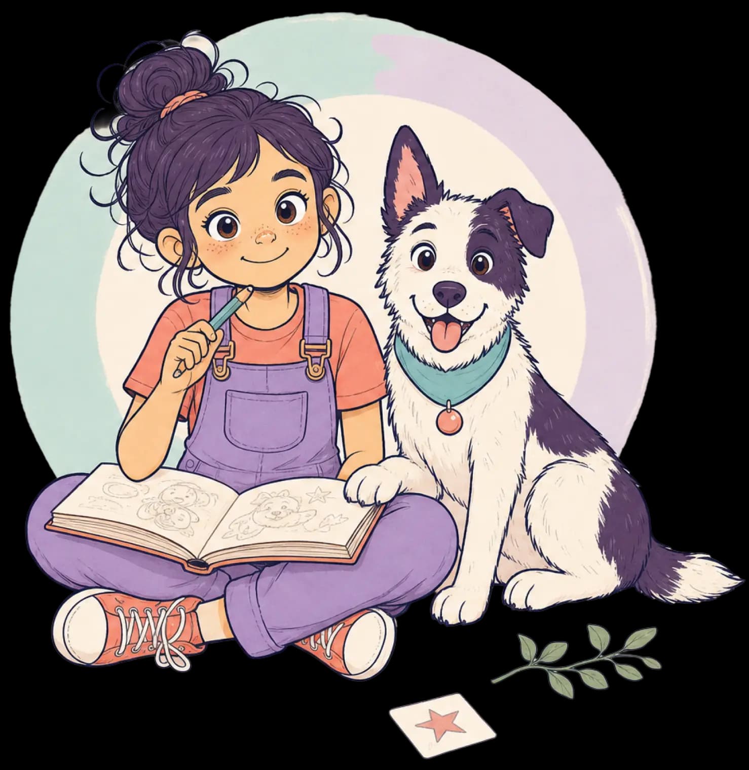 Ada with her sketchbook and Fig, her best friend