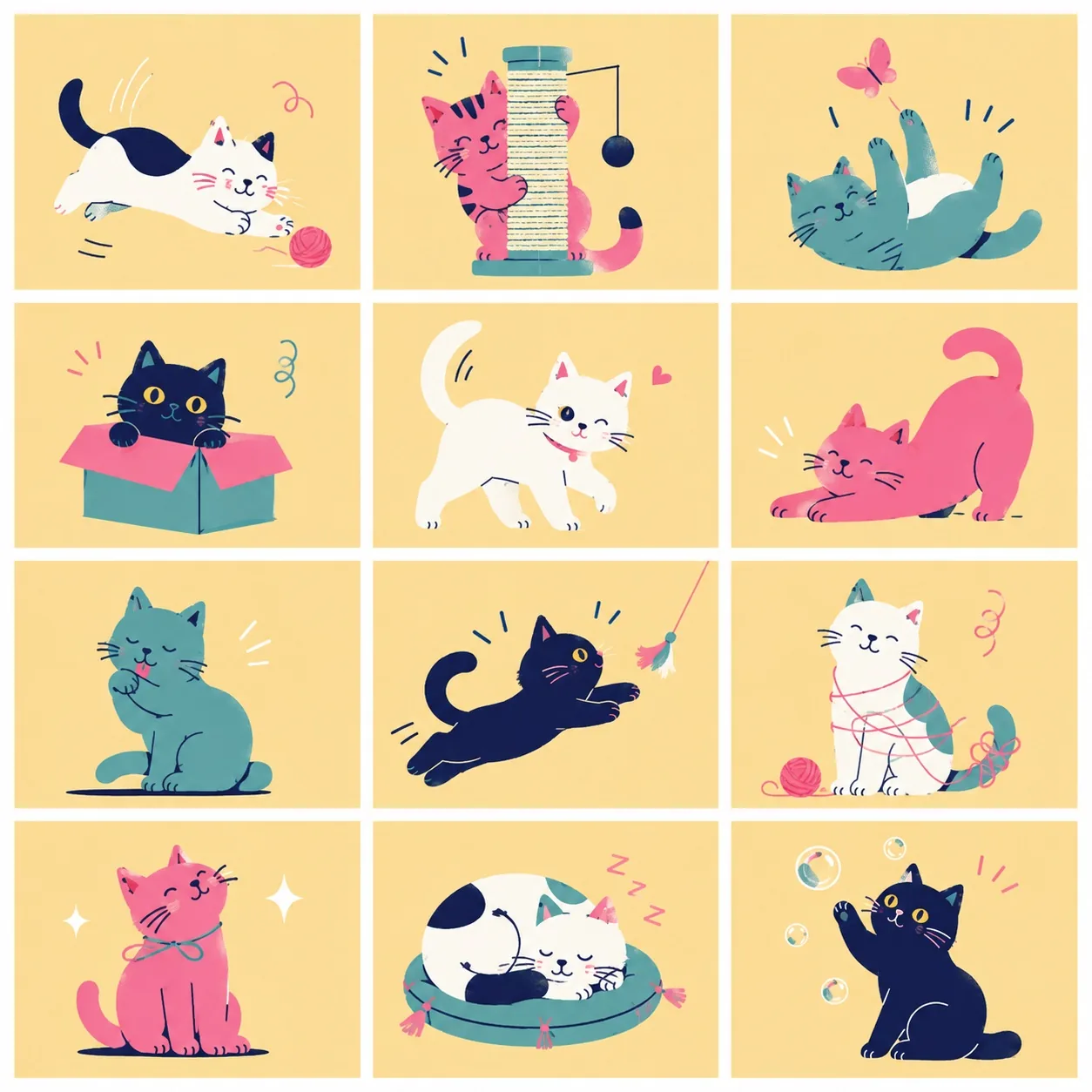 Cats At Play: every illustration in the collection on one sheet