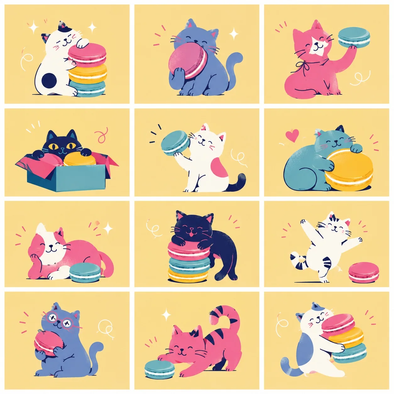 Cats & Macarons: every illustration in the collection on one sheet