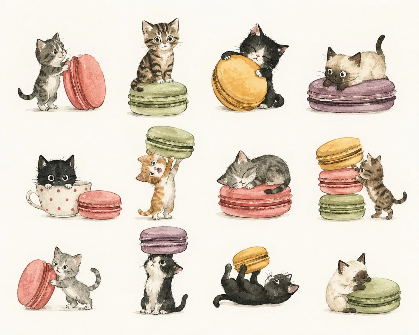 Kittens & Macarons: every illustration in the collection on one sheet