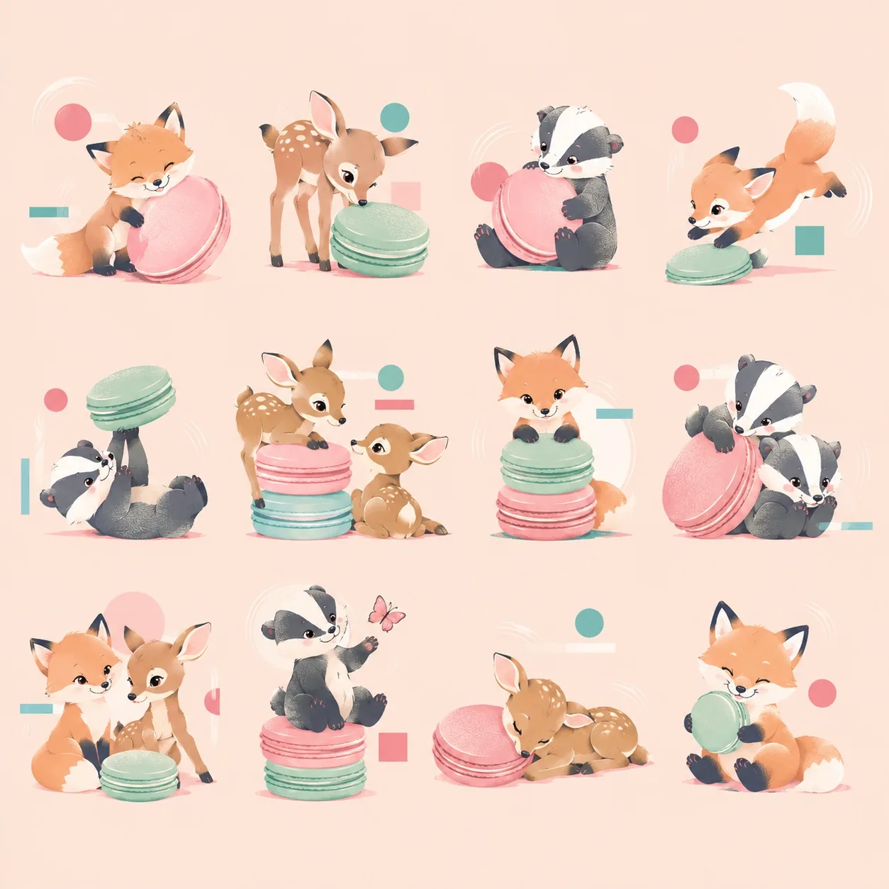 Forest Friends & Macarons: Badger Edition: every illustration in the collection on one sheet