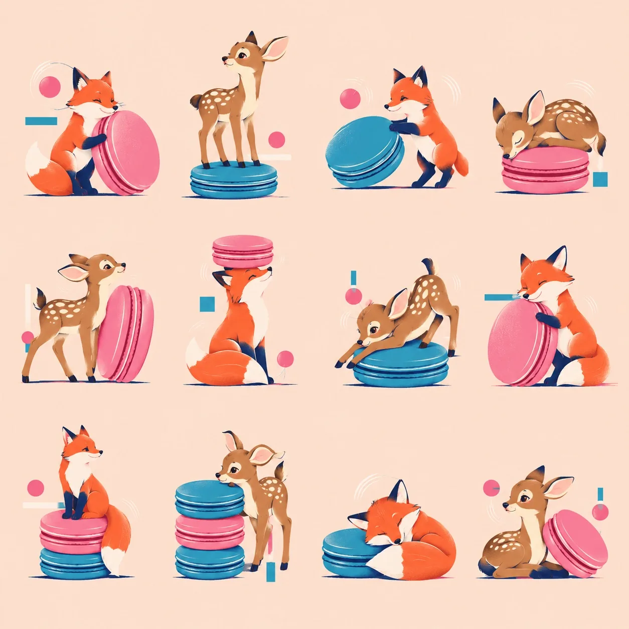 Forest Friends & Macarons: every illustration in the collection on one sheet