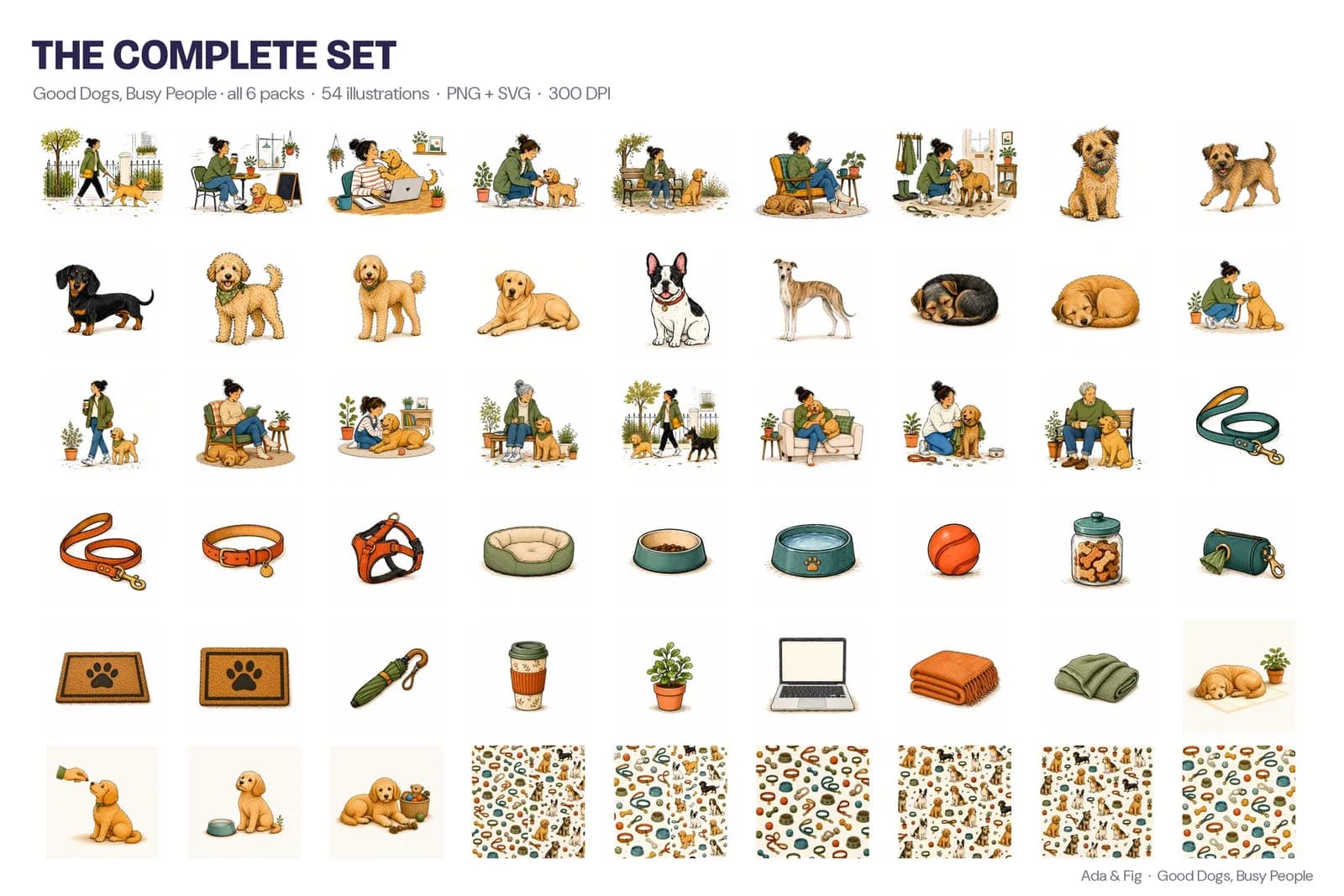Good Dogs, Busy People: every illustration in the collection on one sheet