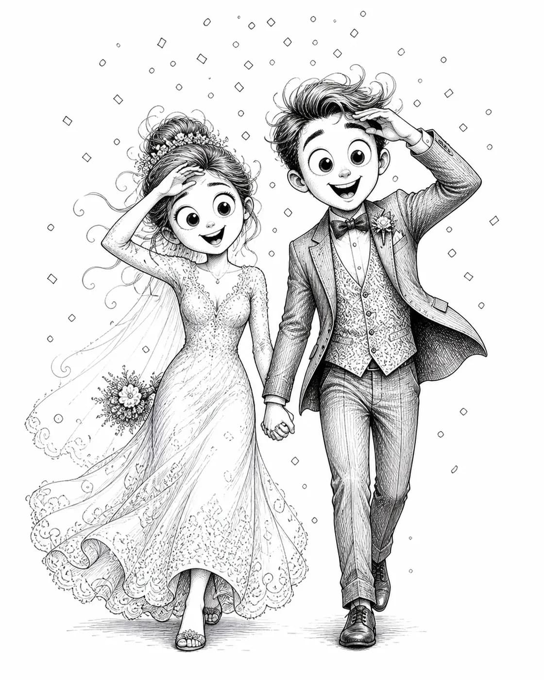 Confetti Walk, Whimsical ink style