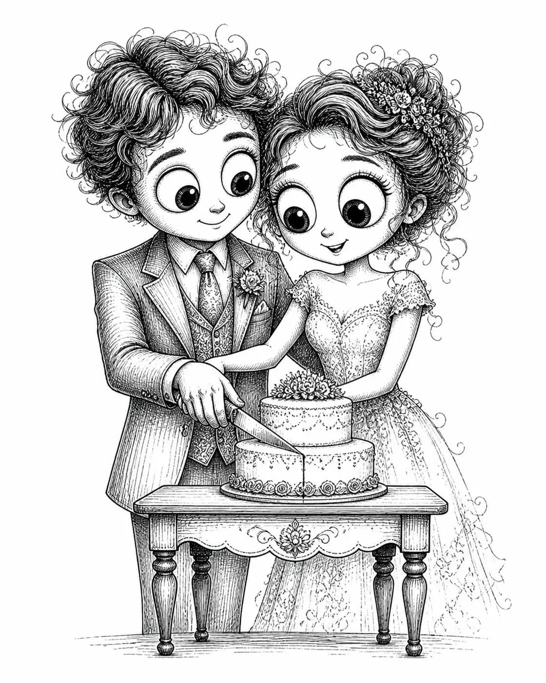Cake Cutting, Whimsical ink style