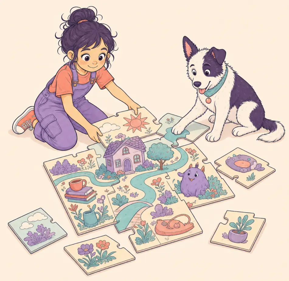 Ada and Fig assembling a visual world from puzzle pieces